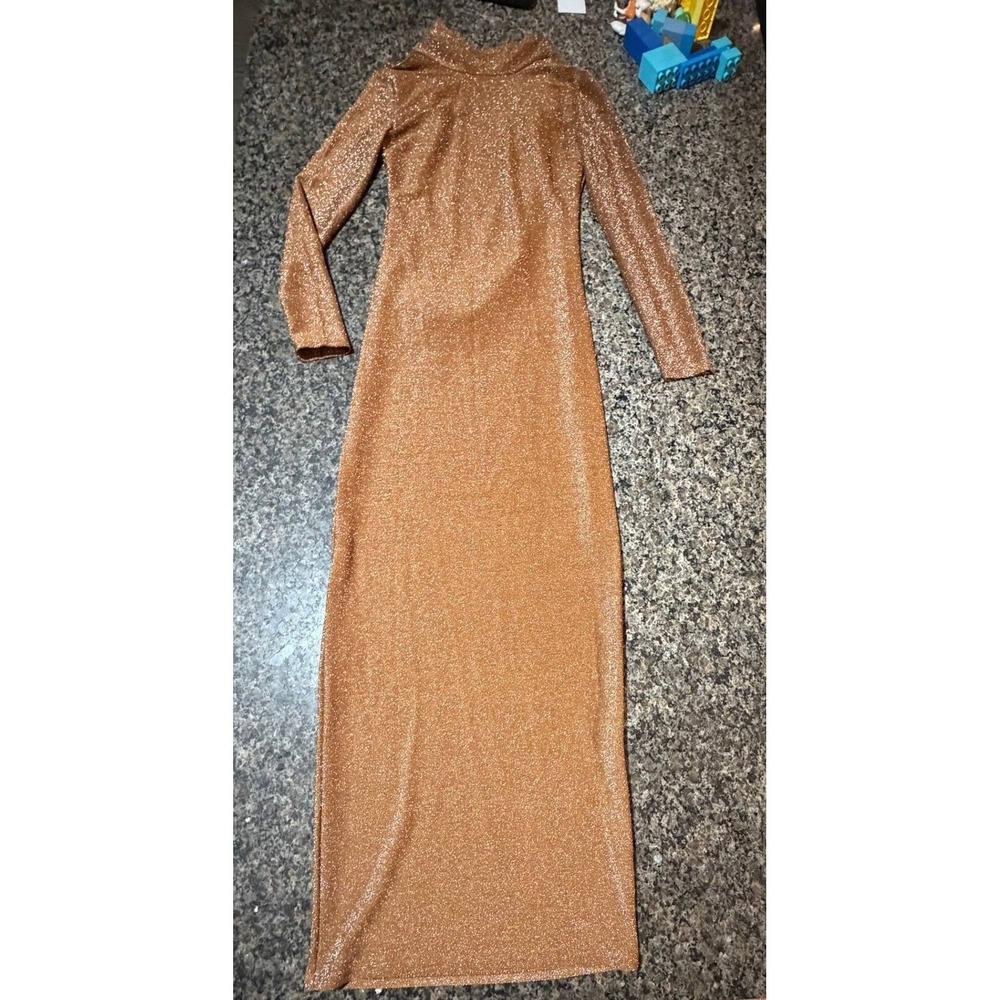 Gold Shimmer Metallic Open Cowl Back Maxi Dress Long Sleeve Sparkle Bronze Small